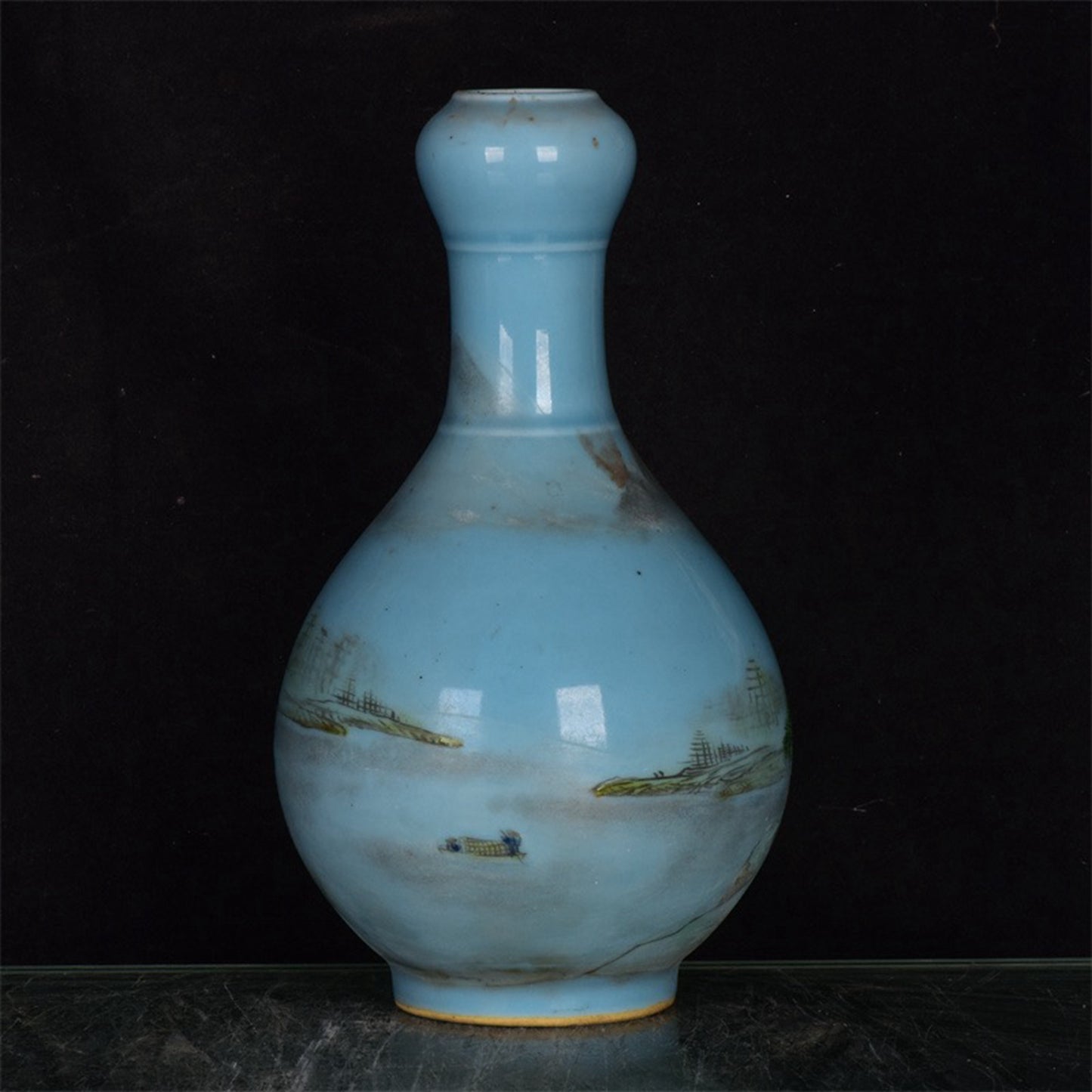Chinese antique blue glazed pink landscape patterned garlic bottle