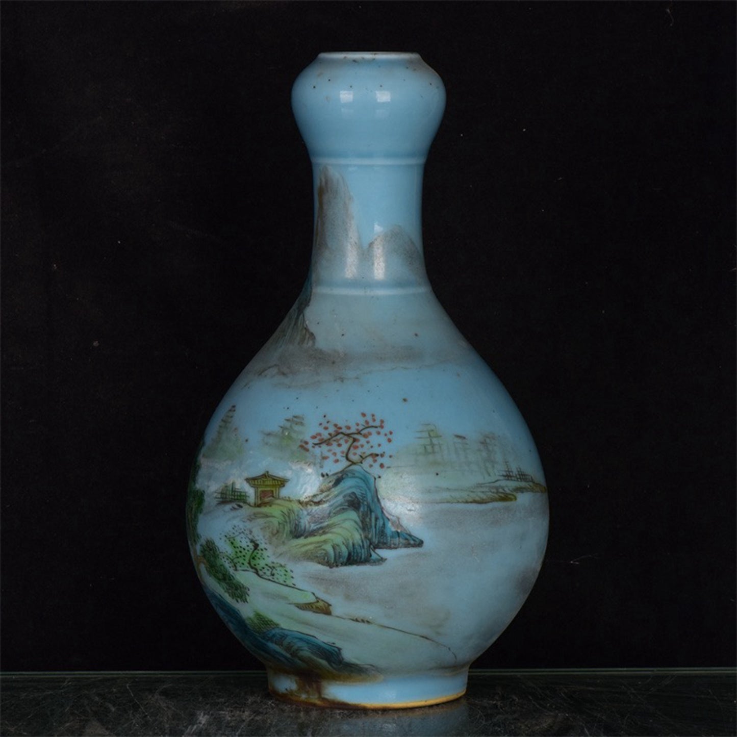 Chinese antique blue glazed pink landscape patterned garlic bottle