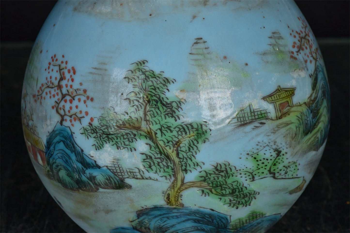 Chinese antique blue glazed pink landscape patterned garlic bottle