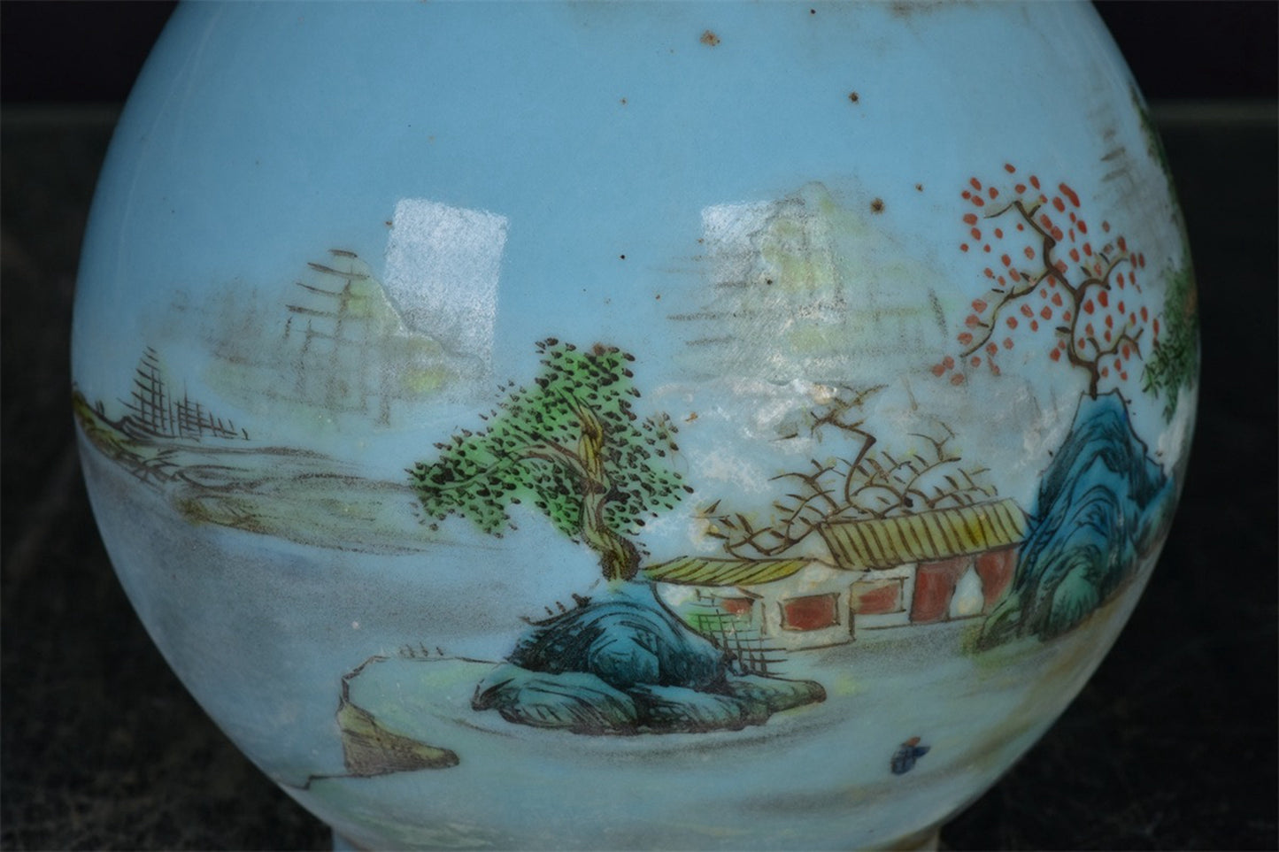 Chinese antique blue glazed pink landscape patterned garlic bottle