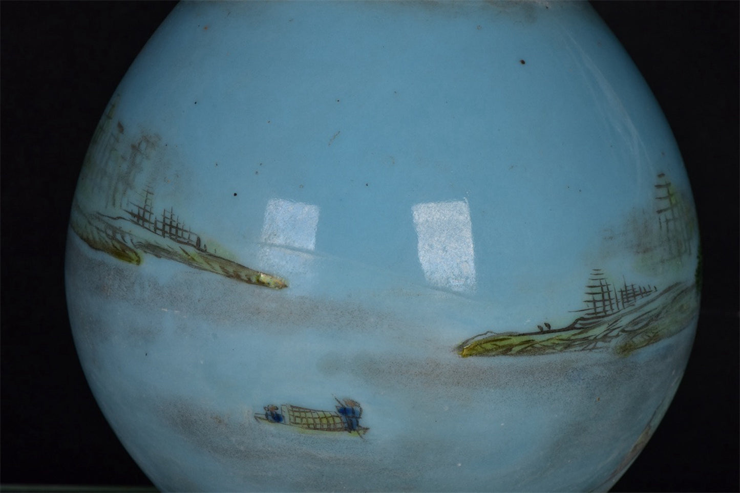 Chinese antique blue glazed pink landscape patterned garlic bottle