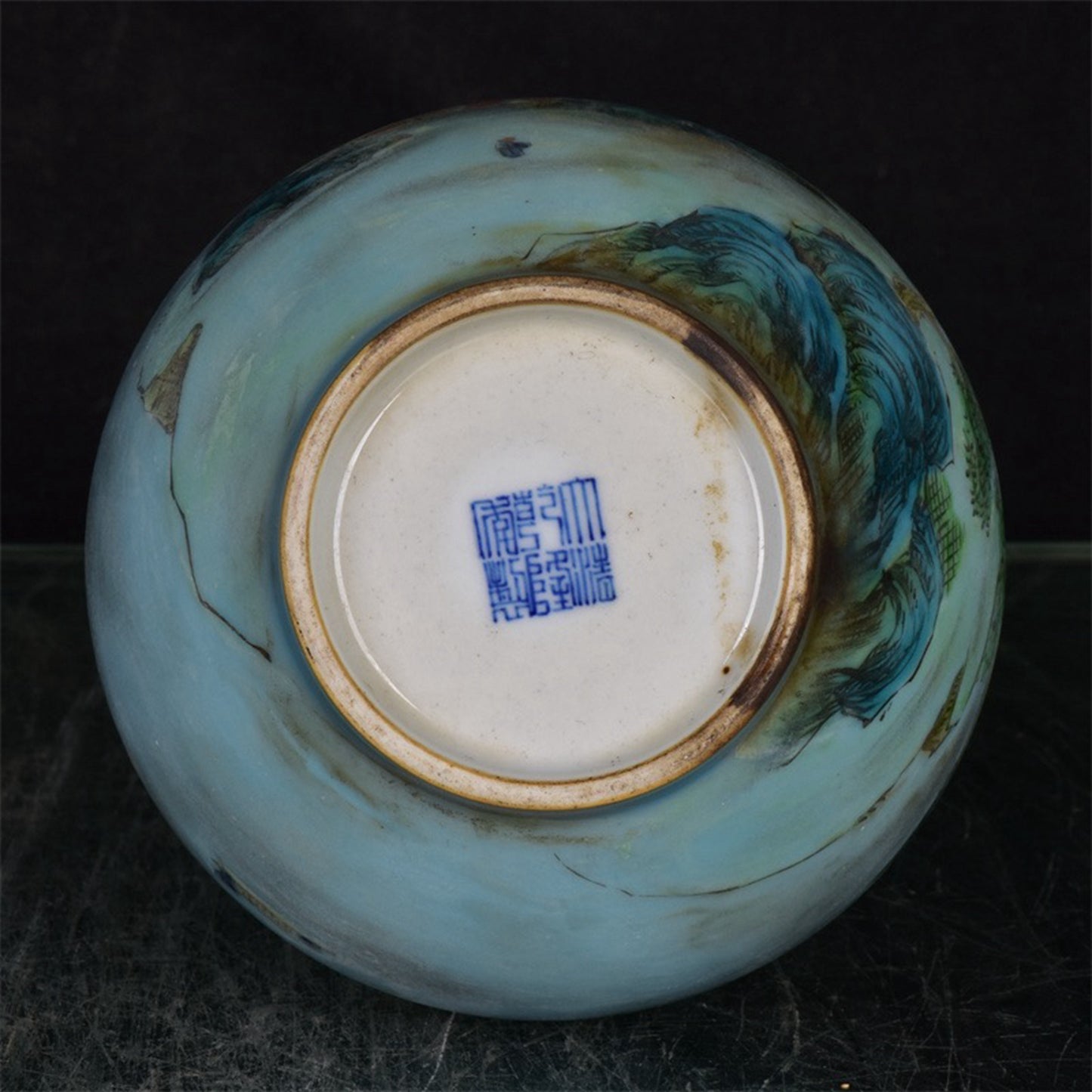 Chinese antique blue glazed pink landscape patterned garlic bottle