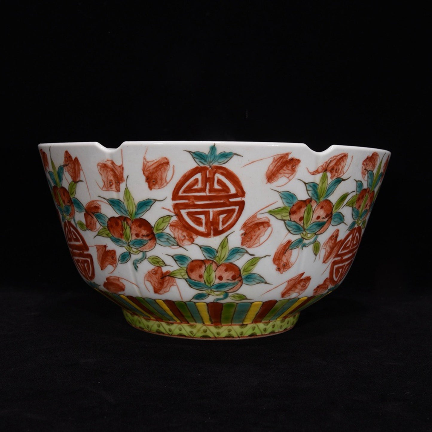 Powder colored bowl with longevity patterns