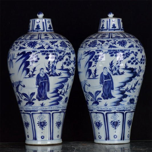 Chinese Antique Blue and White Character Story Pattern for Export Return Open Plum Vase