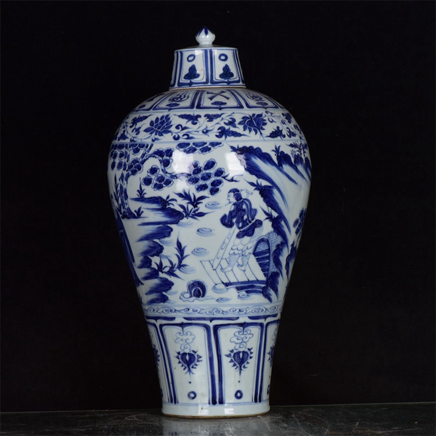 Chinese Antique Blue and White Character Story Pattern for Export Return Open Plum Vase