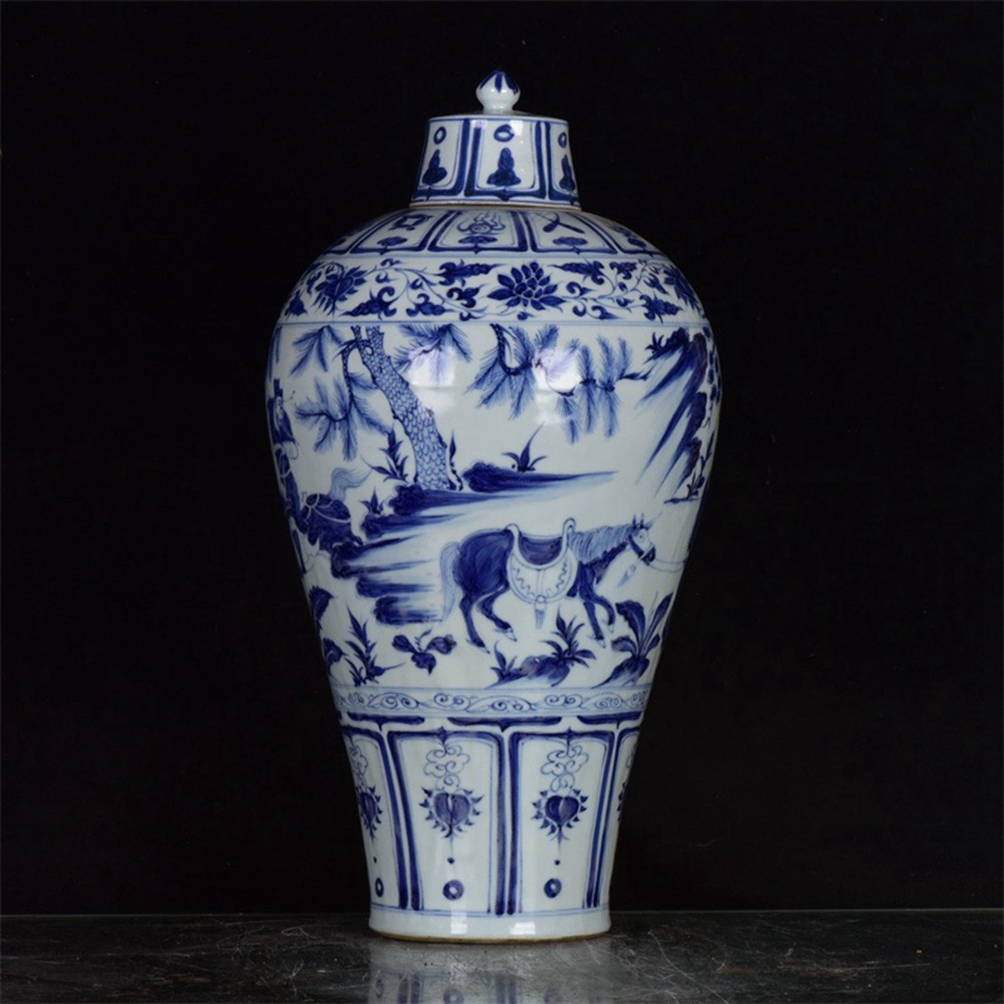 Chinese Antique Blue and White Plum Vase with Han Xin Pattern under the Moon