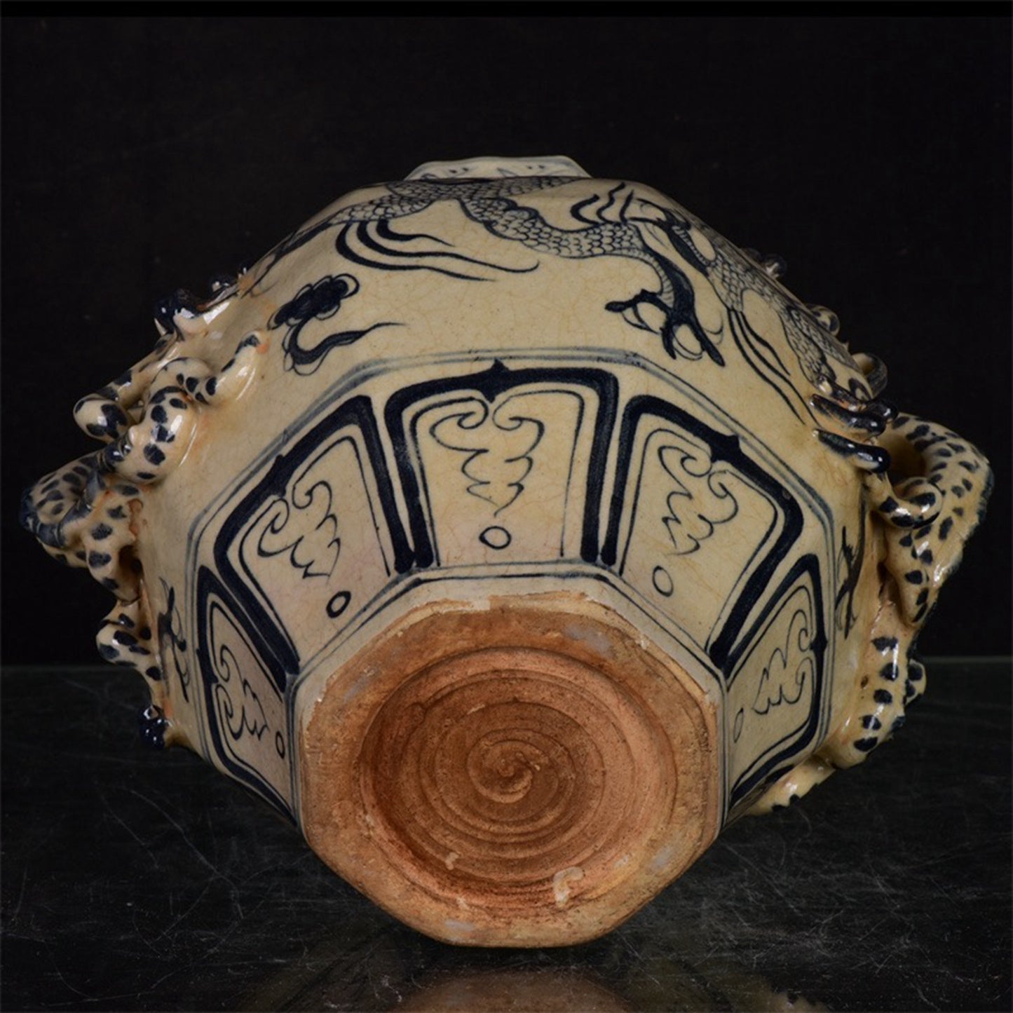 Chinese antique blue dragon patterned octagonal jar