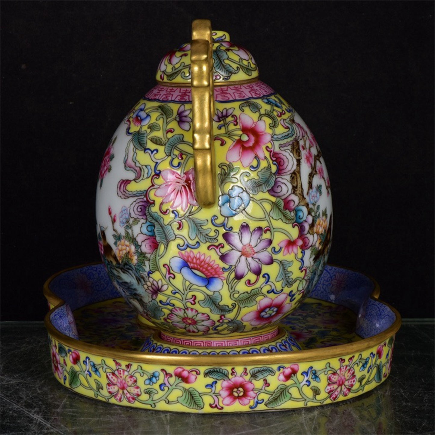 Chinese Antique Yellow Glazed Enamel Colored Pink Window Painted Gold Tea Set