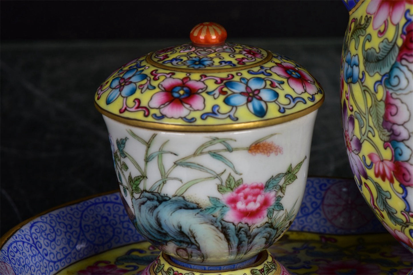 Chinese Antique Yellow Glazed Enamel Colored Pink Window Painted Gold Tea Set