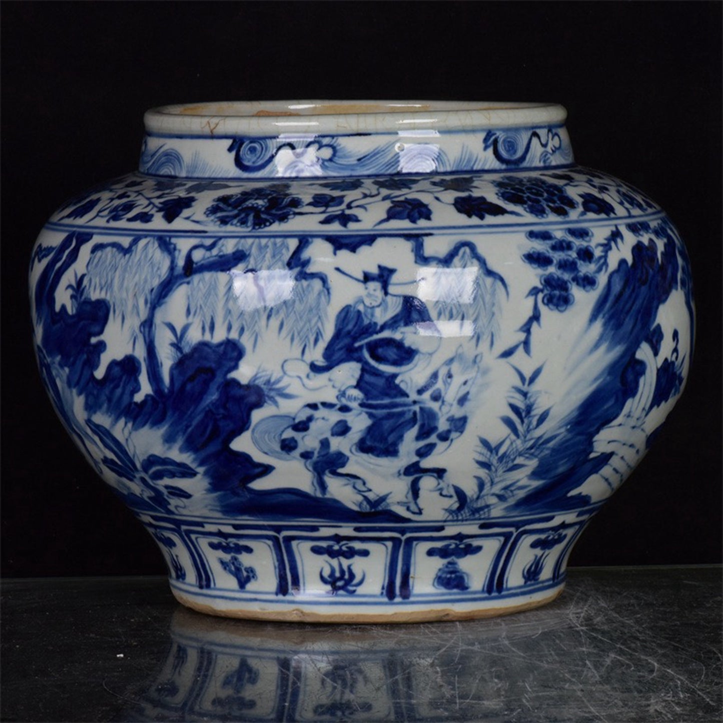 Chinese Antique Blue and White Guiguzi Descending Mountain Pattern Jar