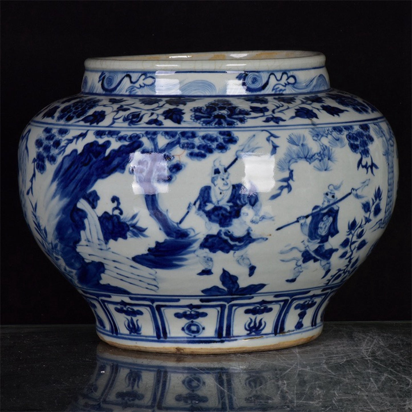 Chinese Antique Blue and White Guiguzi Descending Mountain Pattern Jar