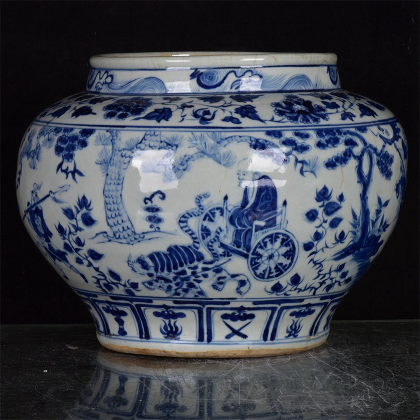 Chinese Antique Blue and White Guiguzi Descending Mountain Pattern Jar