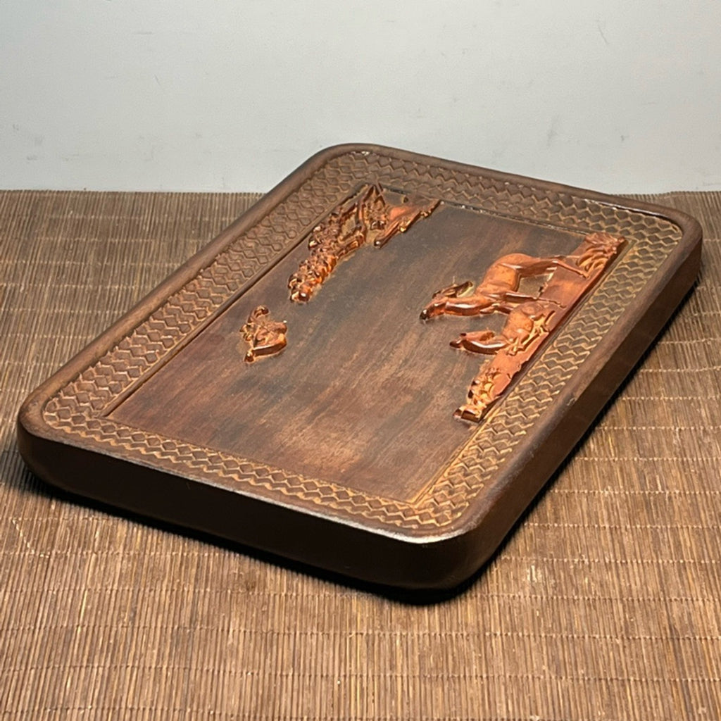 Black sandalwood inlaid boxwood carved small tea plate