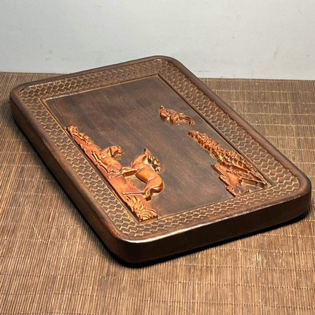Black sandalwood inlaid boxwood carved small tea plate