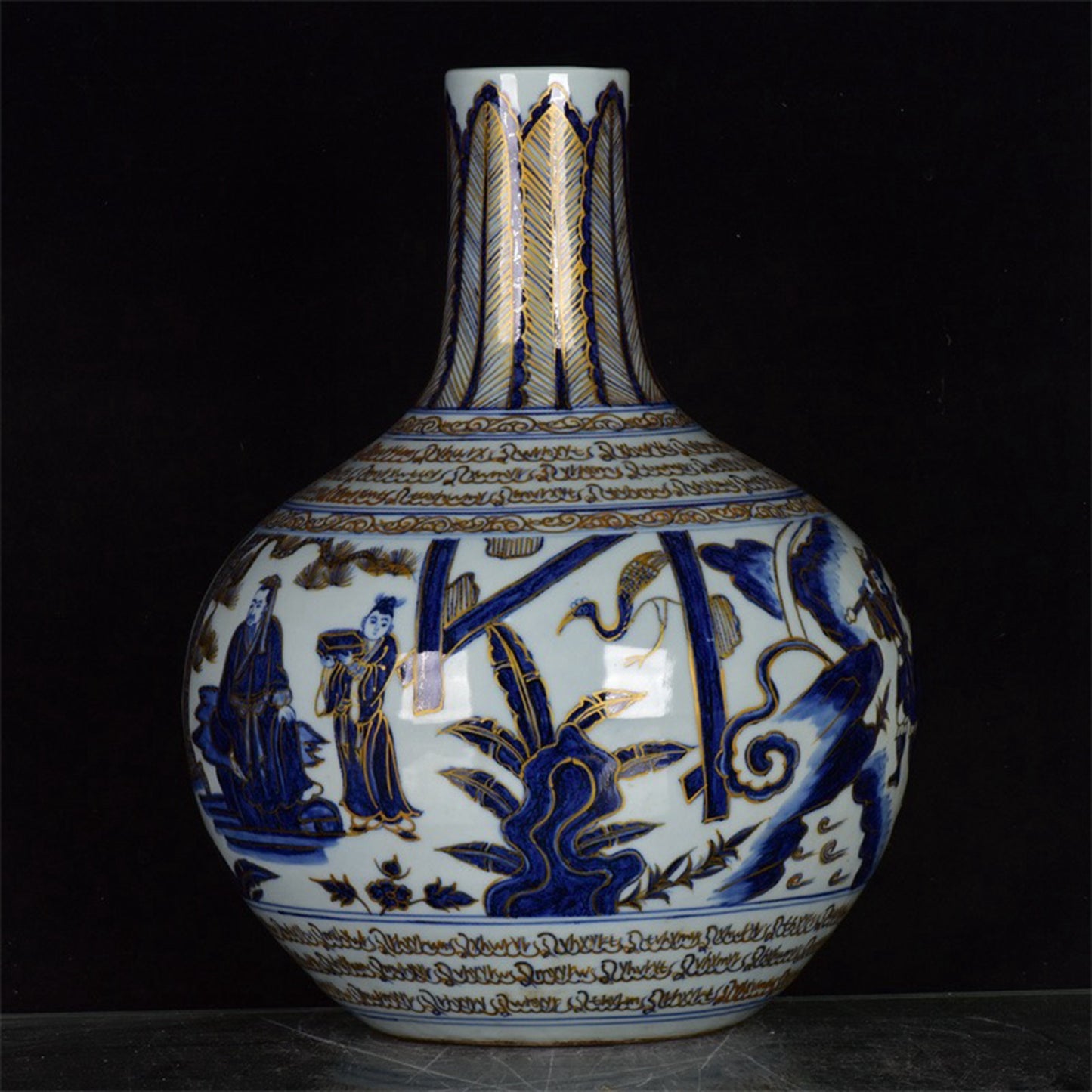 Chinese antique blue and white export return gold painted celestial sphere bottles