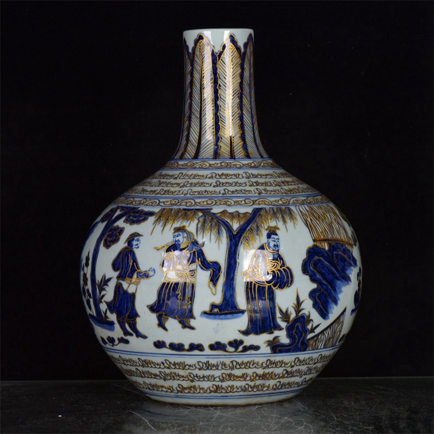 Chinese antique blue and white export return gold painted celestial sphere bottles