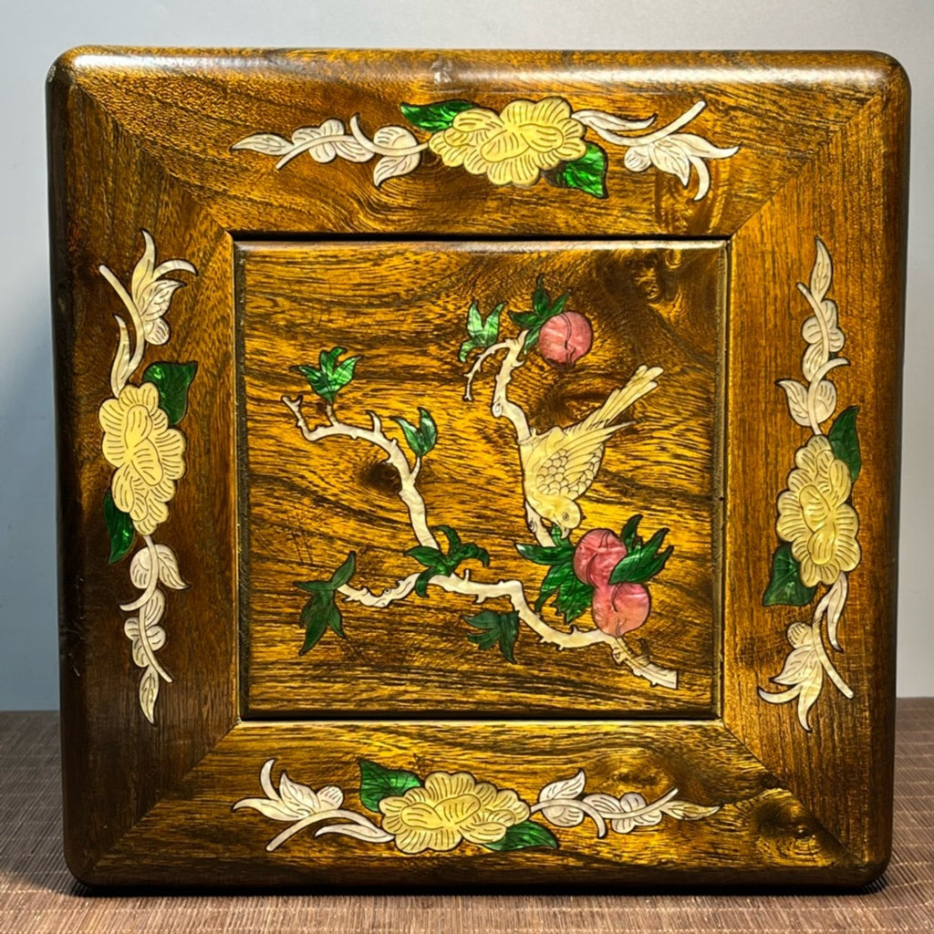 Pear wood inlaid shell carved square stool