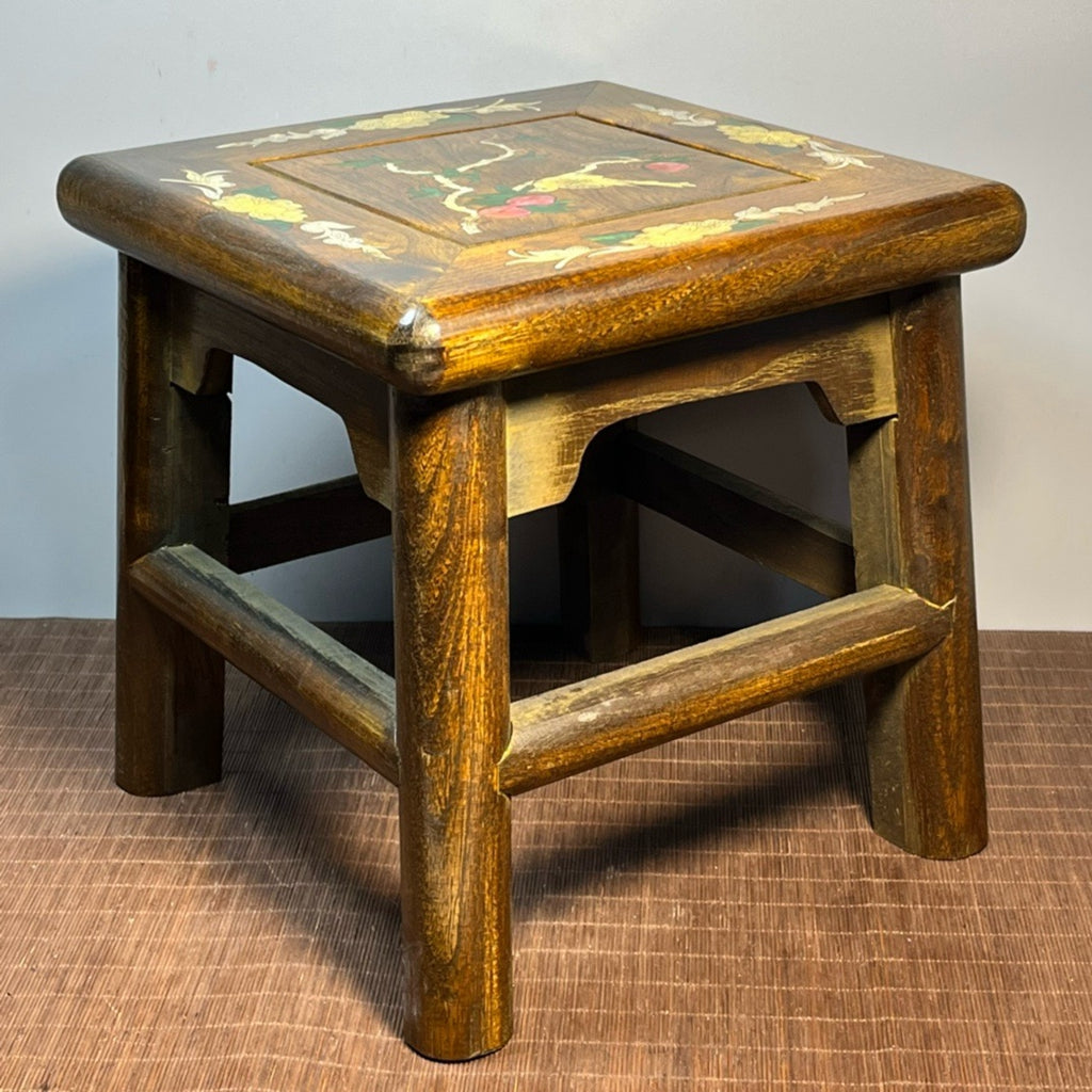 Pear wood inlaid shell carved square stool
