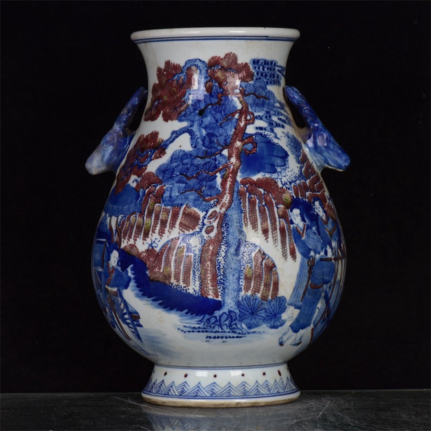 Chinese Antique Blue and Blue Flower Glazed Red Character Story Pattern Double Eared Deer Head Zun