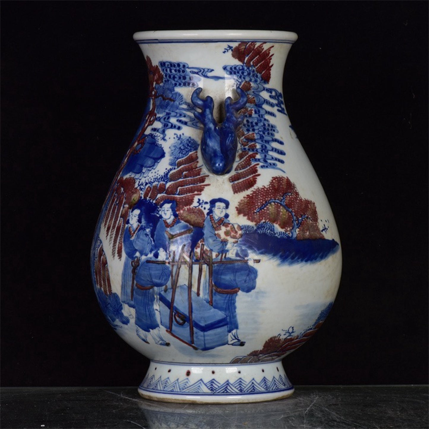 Chinese Antique Blue and Blue Flower Glazed Red Character Story Pattern Double Eared Deer Head Zun