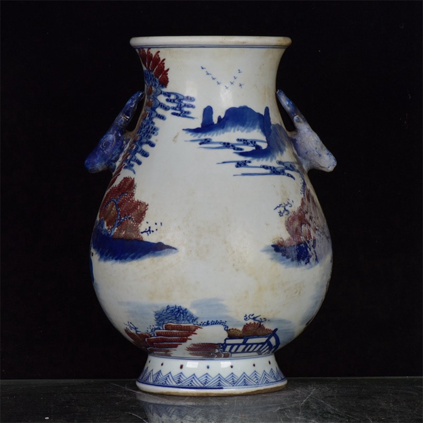 Chinese Antique Blue and Blue Flower Glazed Red Character Story Pattern Double Eared Deer Head Zun