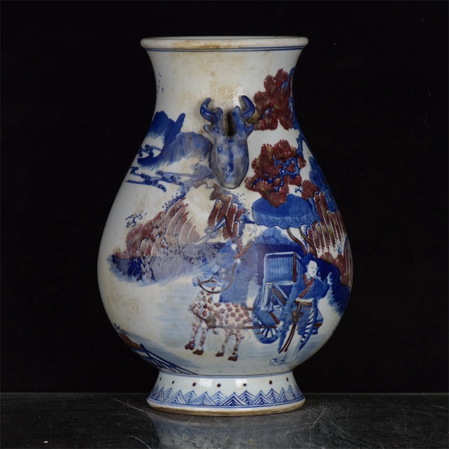 Chinese Antique Blue and Blue Flower Glazed Red Character Story Pattern Double Eared Deer Head Zun