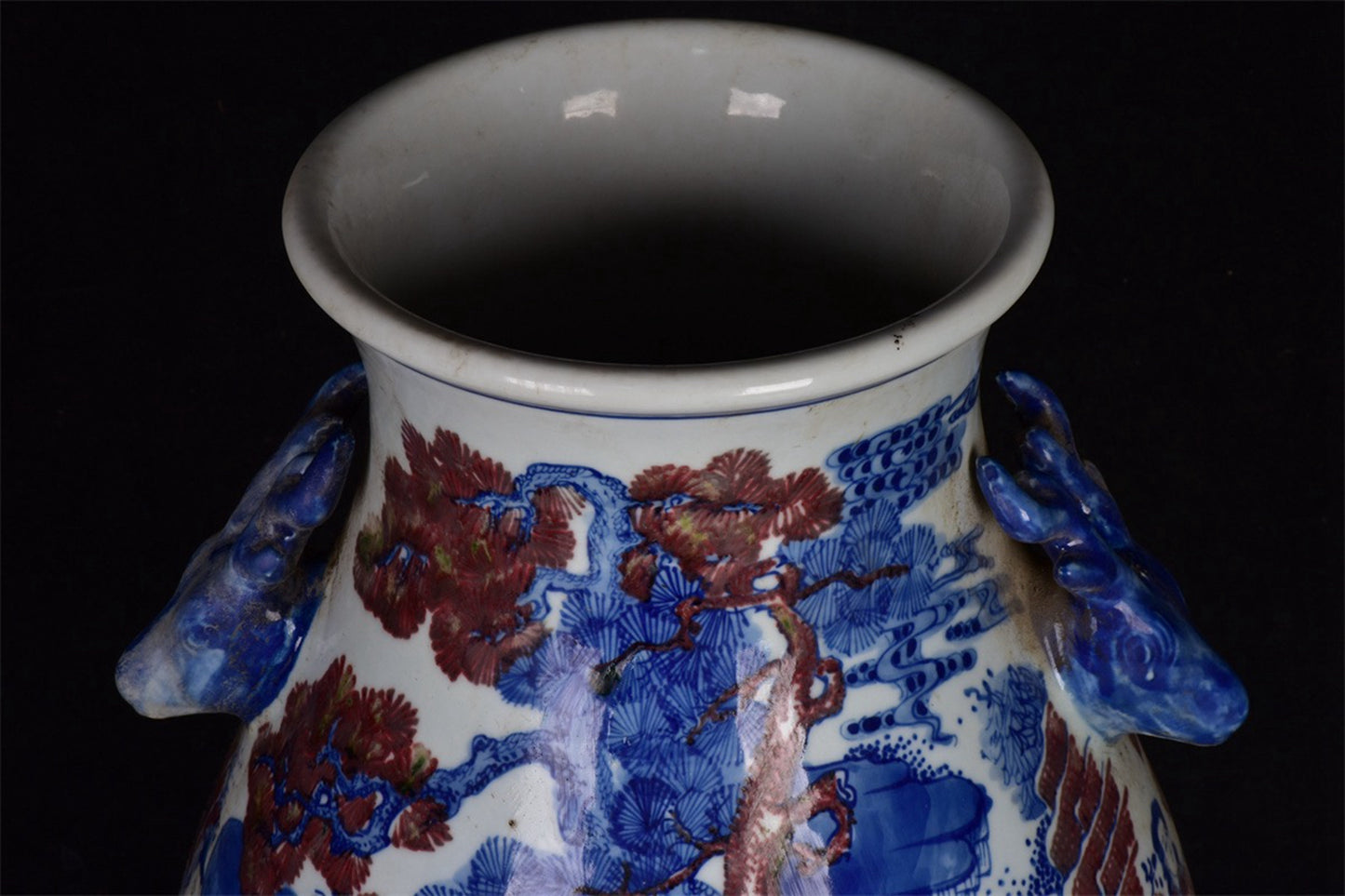 Chinese Antique Blue and Blue Flower Glazed Red Character Story Pattern Double Eared Deer Head Zun
