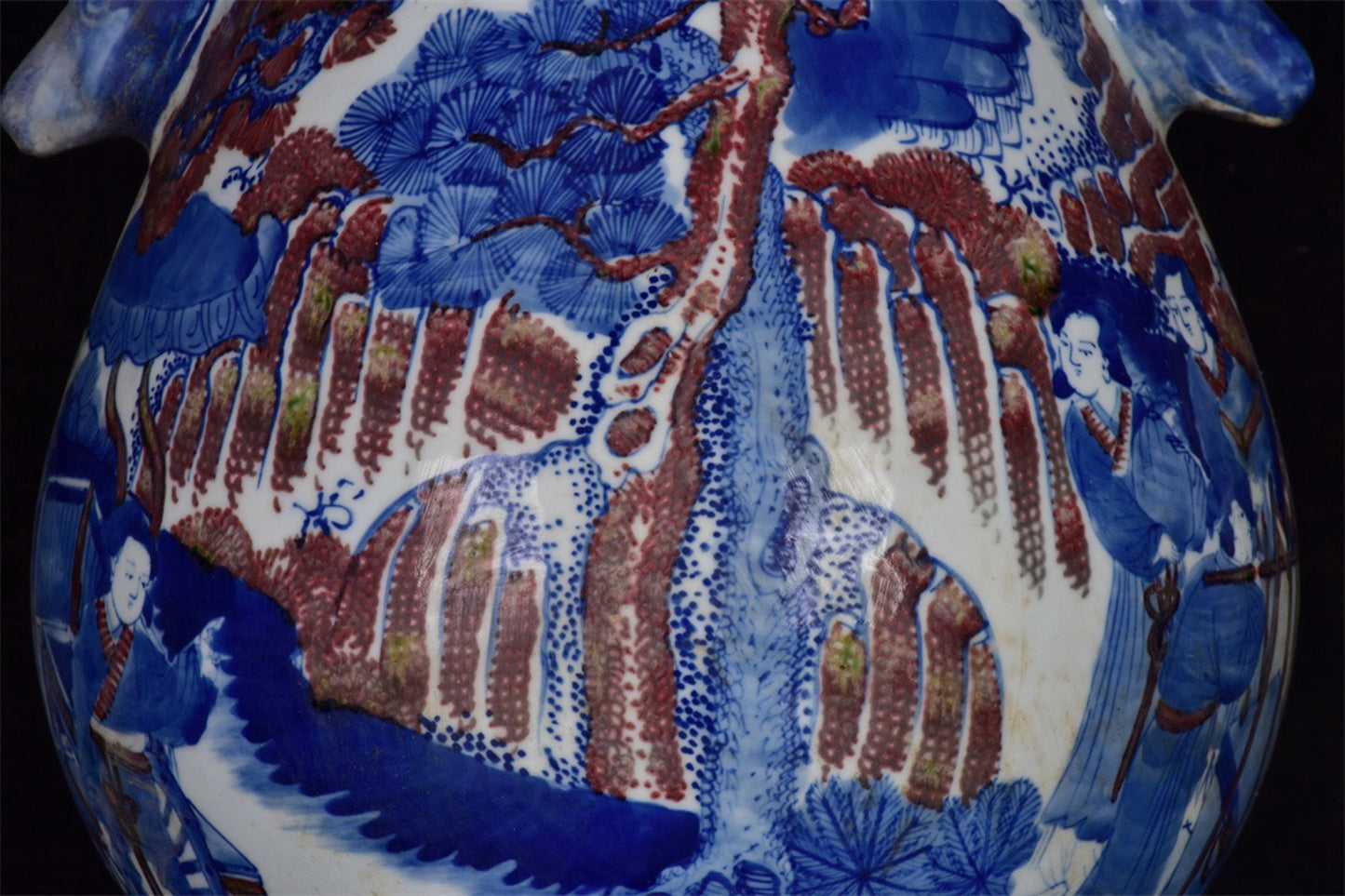 Chinese Antique Blue and Blue Flower Glazed Red Character Story Pattern Double Eared Deer Head Zun