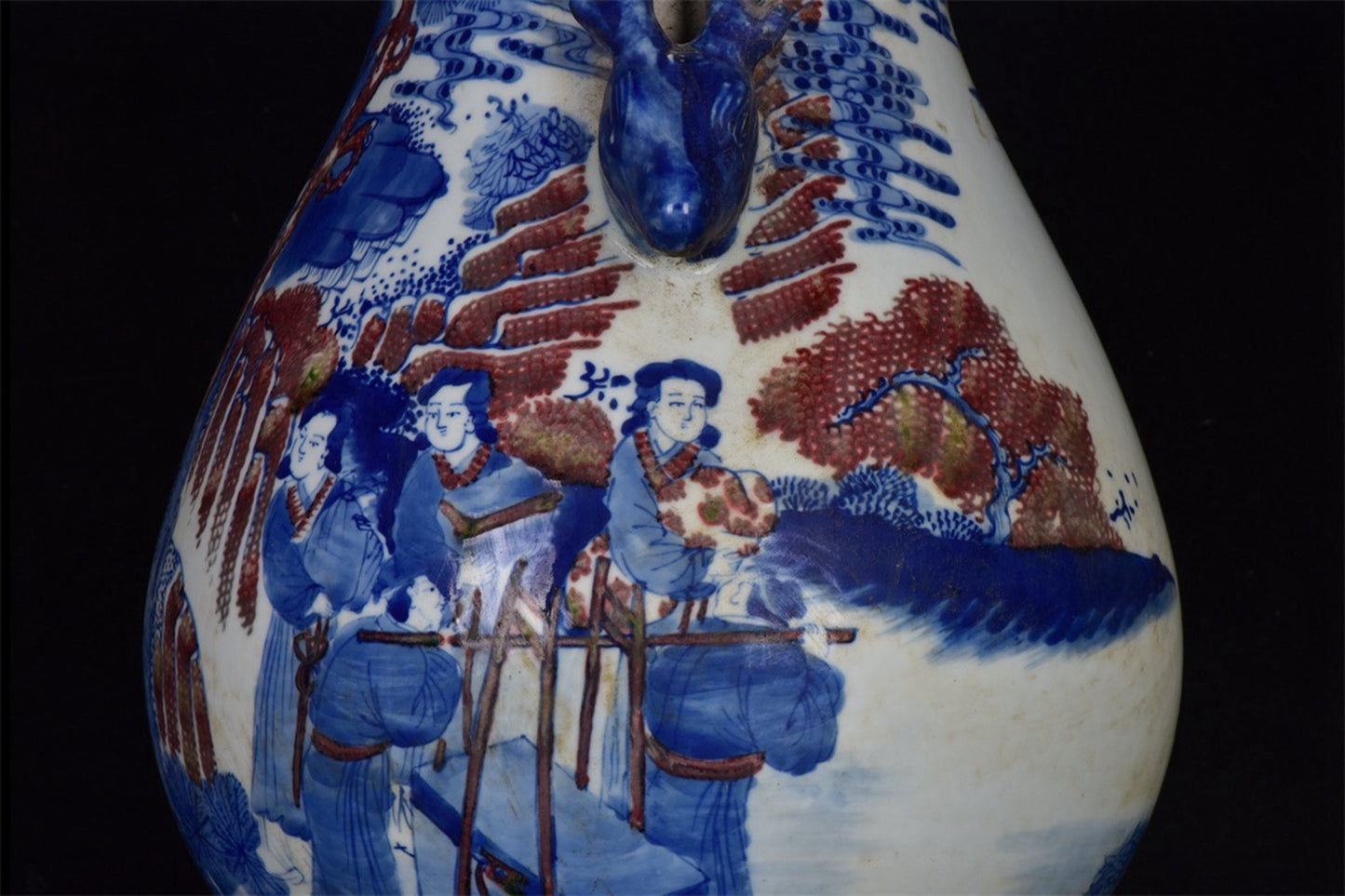 Chinese Antique Blue and Blue Flower Glazed Red Character Story Pattern Double Eared Deer Head Zun