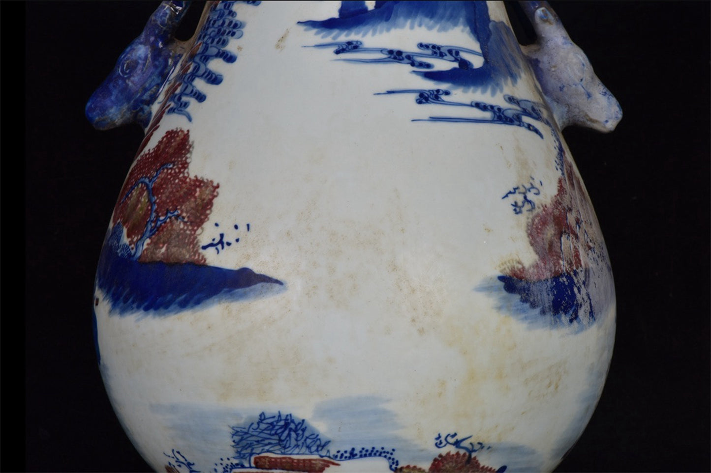 Chinese Antique Blue and Blue Flower Glazed Red Character Story Pattern Double Eared Deer Head Zun