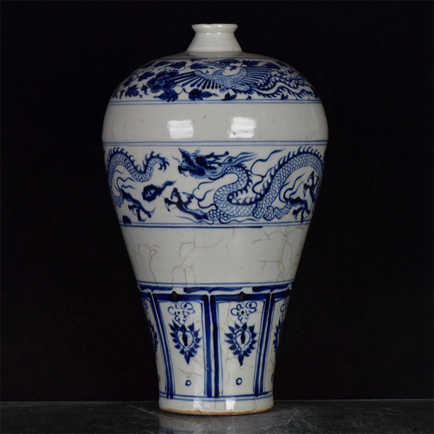 Chinese Antique Blue and White Dragon Pattern Export Return Open Sliced Plum Vase