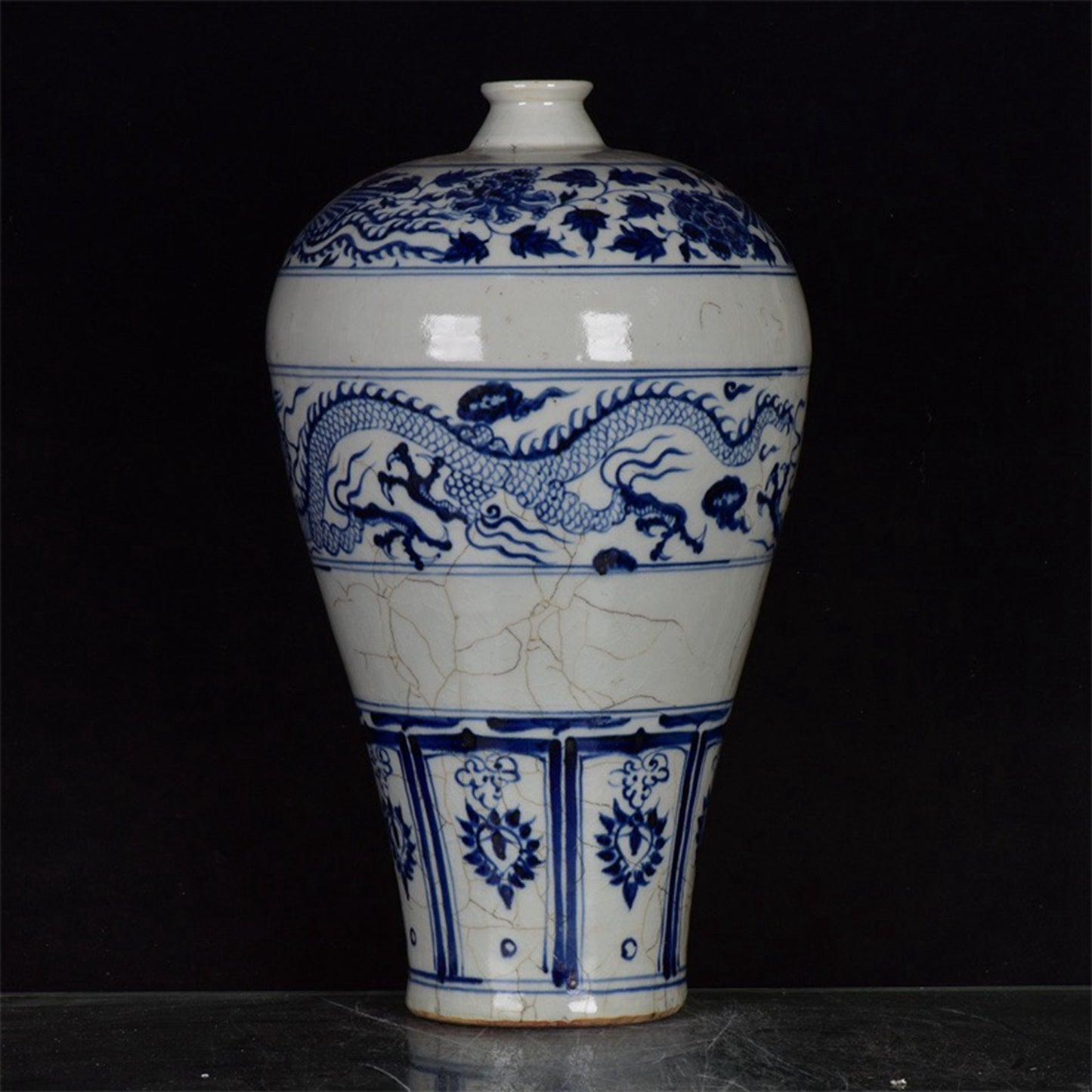 Chinese Antique Blue and White Dragon Pattern Export Return Open Sliced Plum Vase