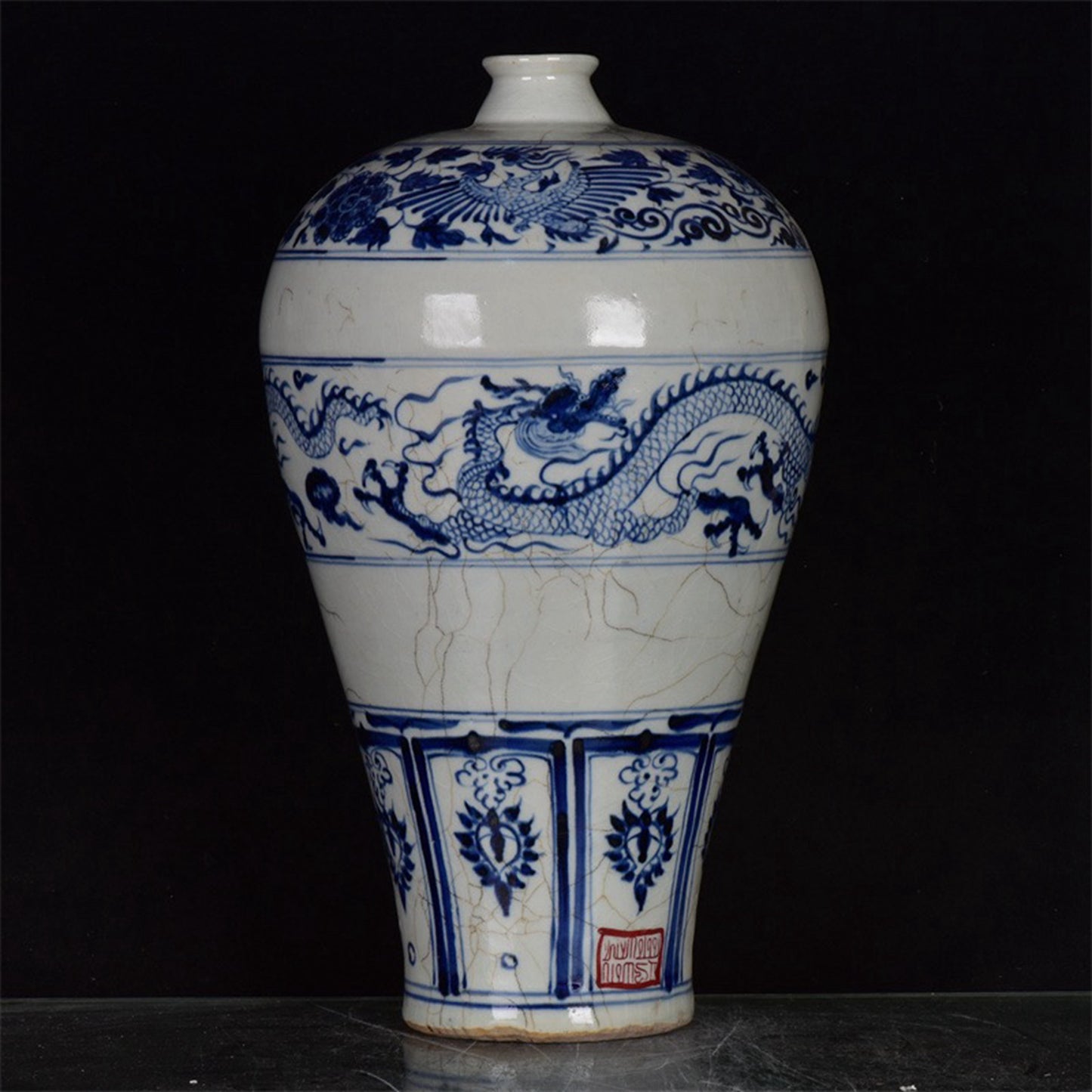 Chinese Antique Blue and White Dragon Pattern Export Return Open Sliced Plum Vase