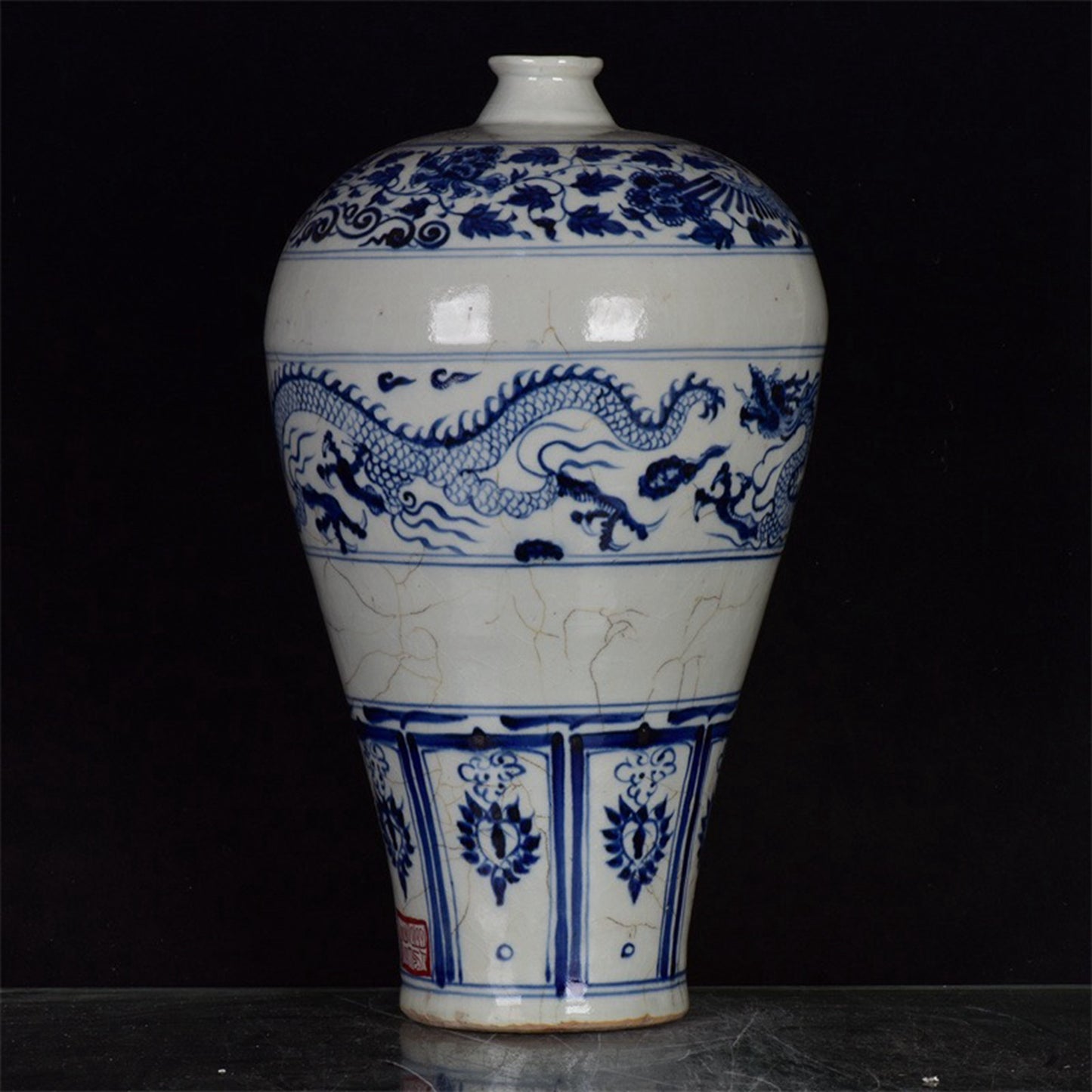 Chinese Antique Blue and White Dragon Pattern Export Return Open Sliced Plum Vase