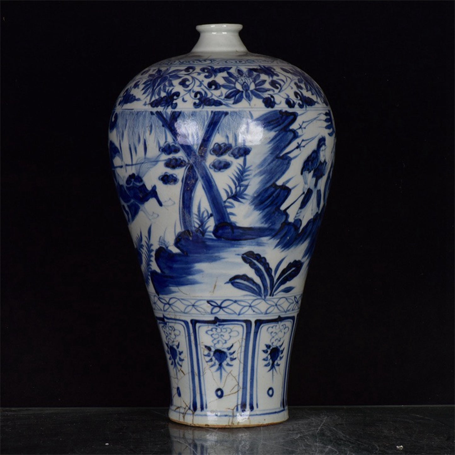 Chinese Antique Blue and White Emperor Taizong's Travel Map for Export Return Open Plum Vase