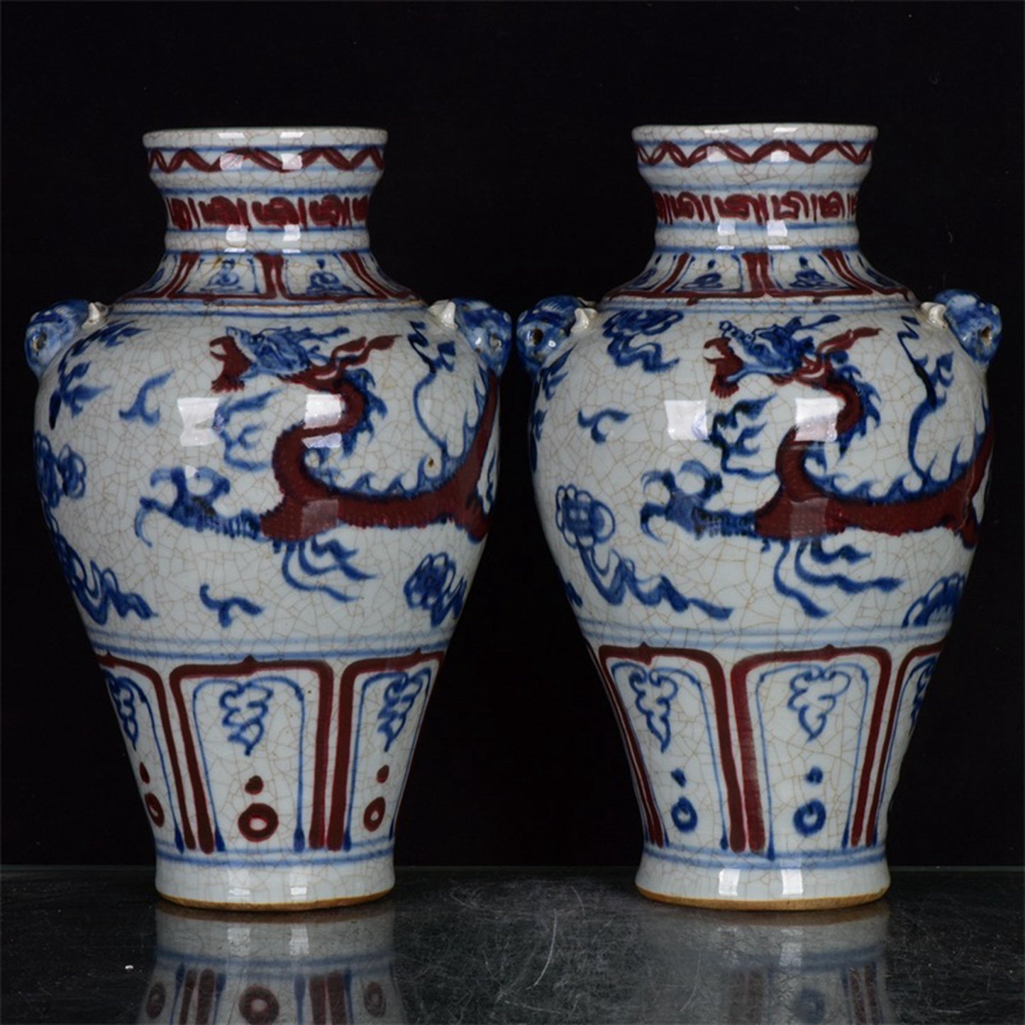 Chinese Antique Red Dragon Pattern Double Lion Ear Pan Mouth Plum Vase