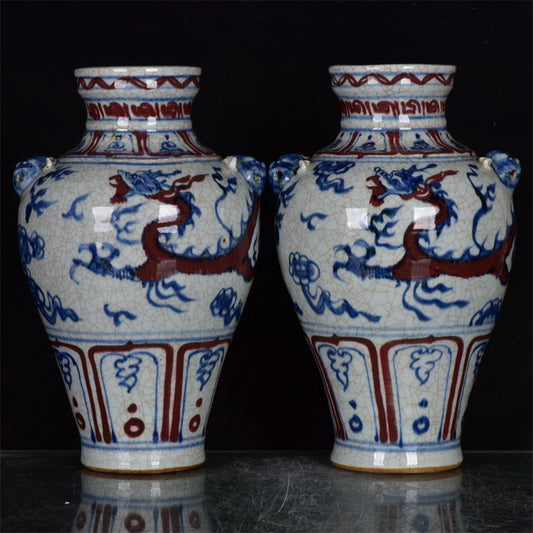 Chinese Antique Red Dragon Pattern Double Lion Ear Pan Mouth Plum Vase