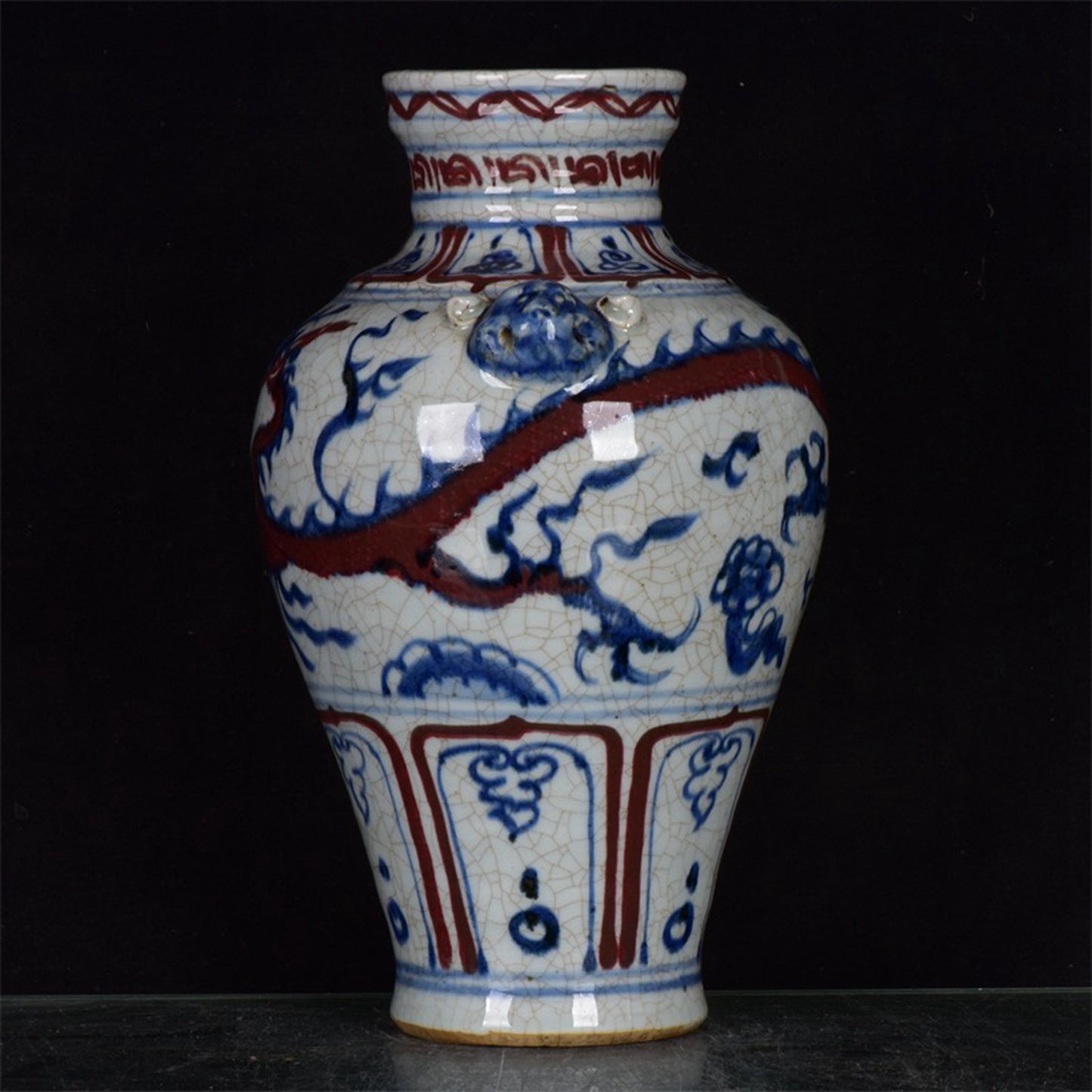 Chinese Antique Red Dragon Pattern Double Lion Ear Pan Mouth Plum Vase