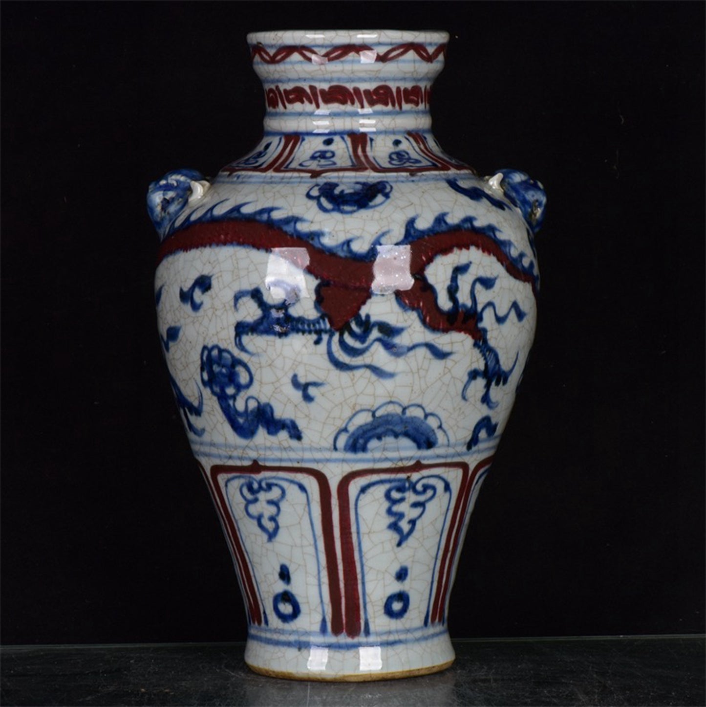 Chinese Antique Red Dragon Pattern Double Lion Ear Pan Mouth Plum Vase