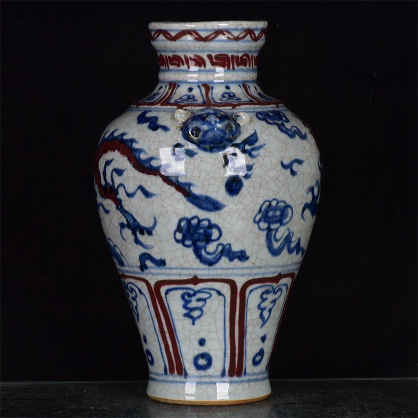 Chinese Antique Red Dragon Pattern Double Lion Ear Pan Mouth Plum Vase