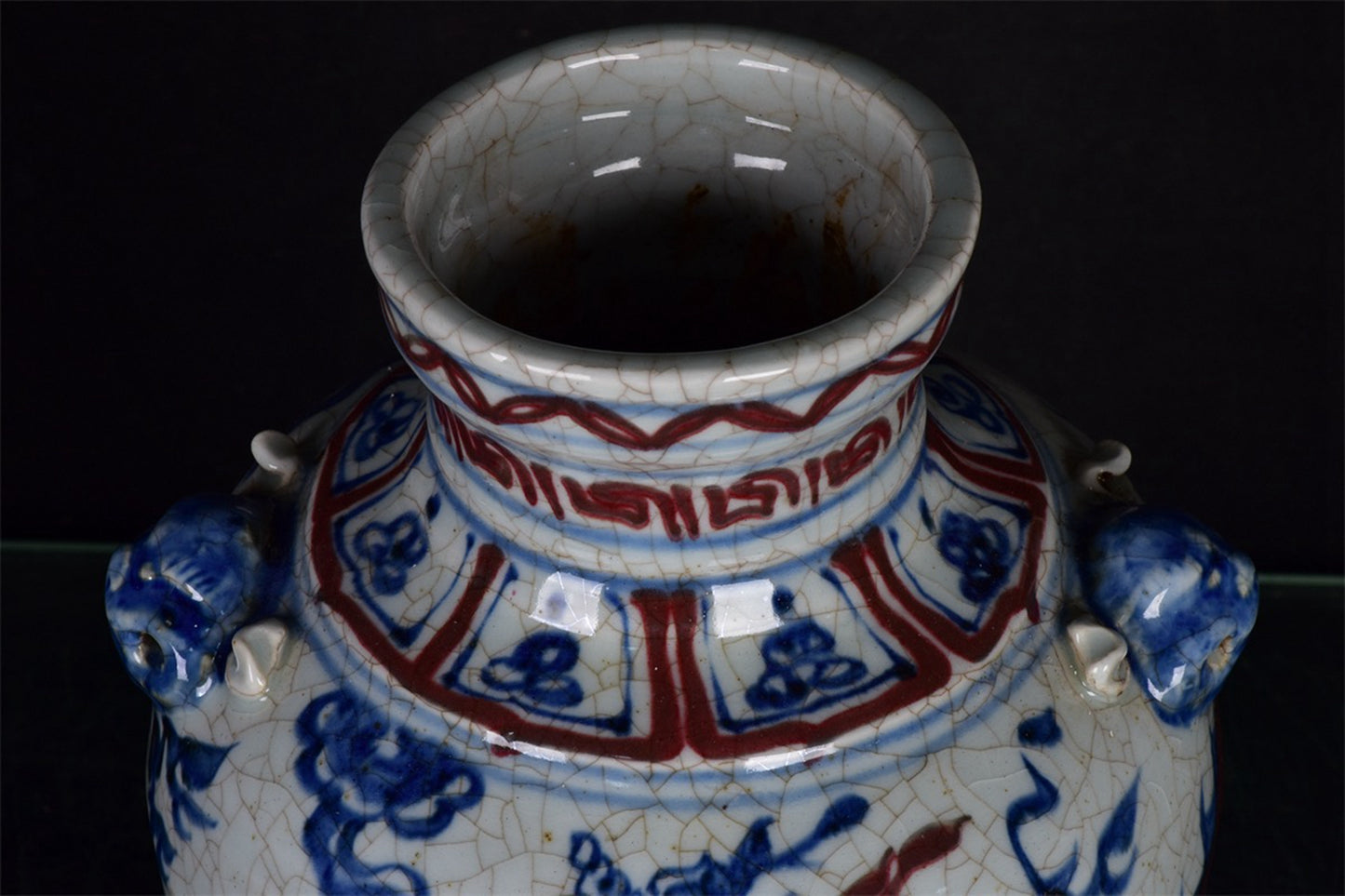 Chinese Antique Red Dragon Pattern Double Lion Ear Pan Mouth Plum Vase