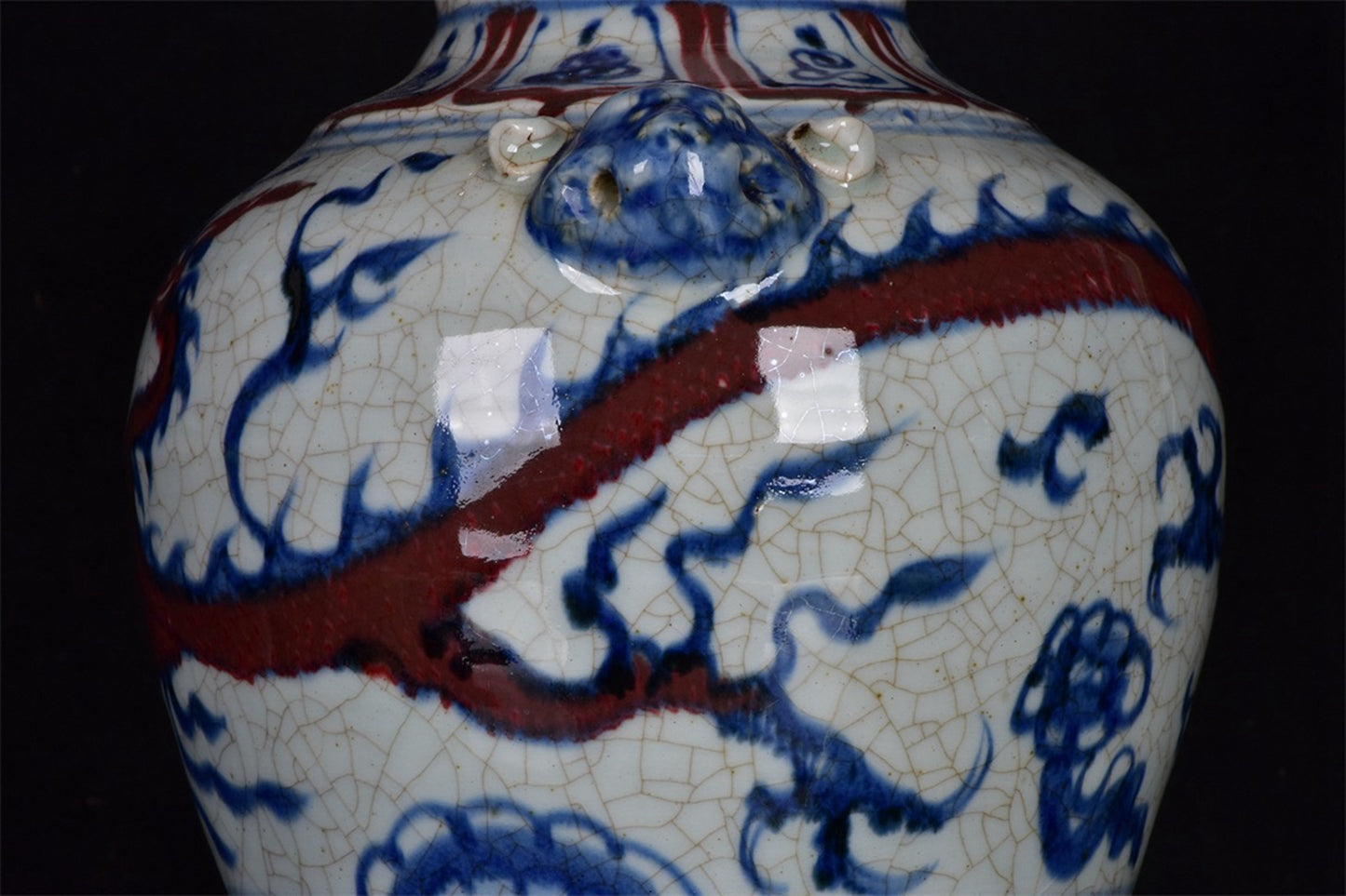 Chinese Antique Red Dragon Pattern Double Lion Ear Pan Mouth Plum Vase