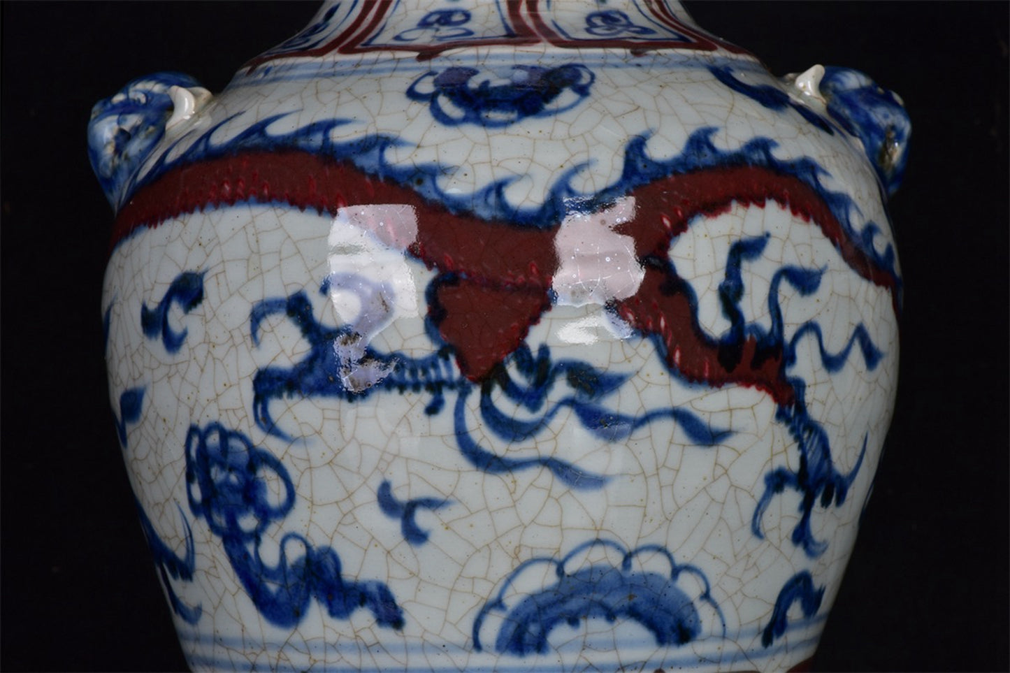 Chinese Antique Red Dragon Pattern Double Lion Ear Pan Mouth Plum Vase