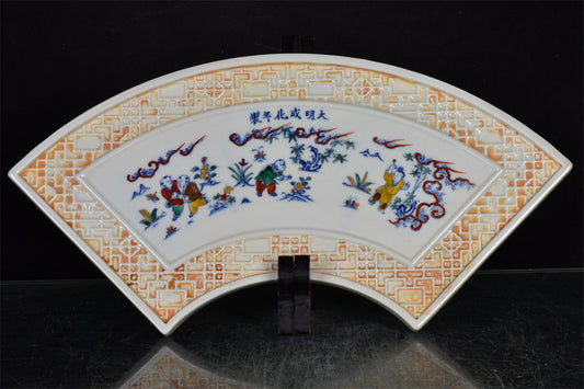 Chinese Antique Doucai Xiangyun Phoenix Pattern Fan shaped Tea Plate