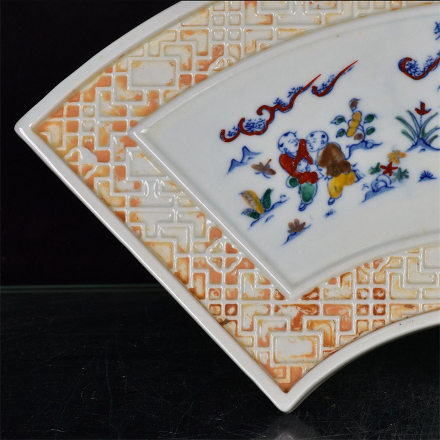 Chinese Antique Doucai Xiangyun Phoenix Pattern Fan shaped Tea Plate