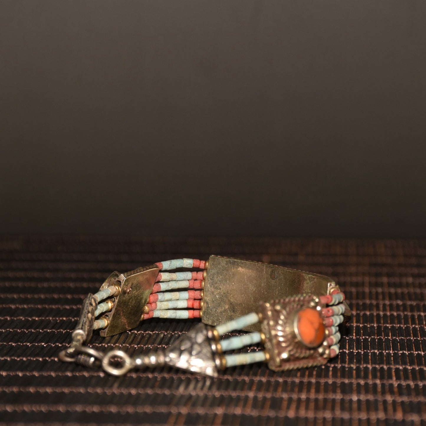 Chinese antique white copper inlaid green pine and ruby bracelets