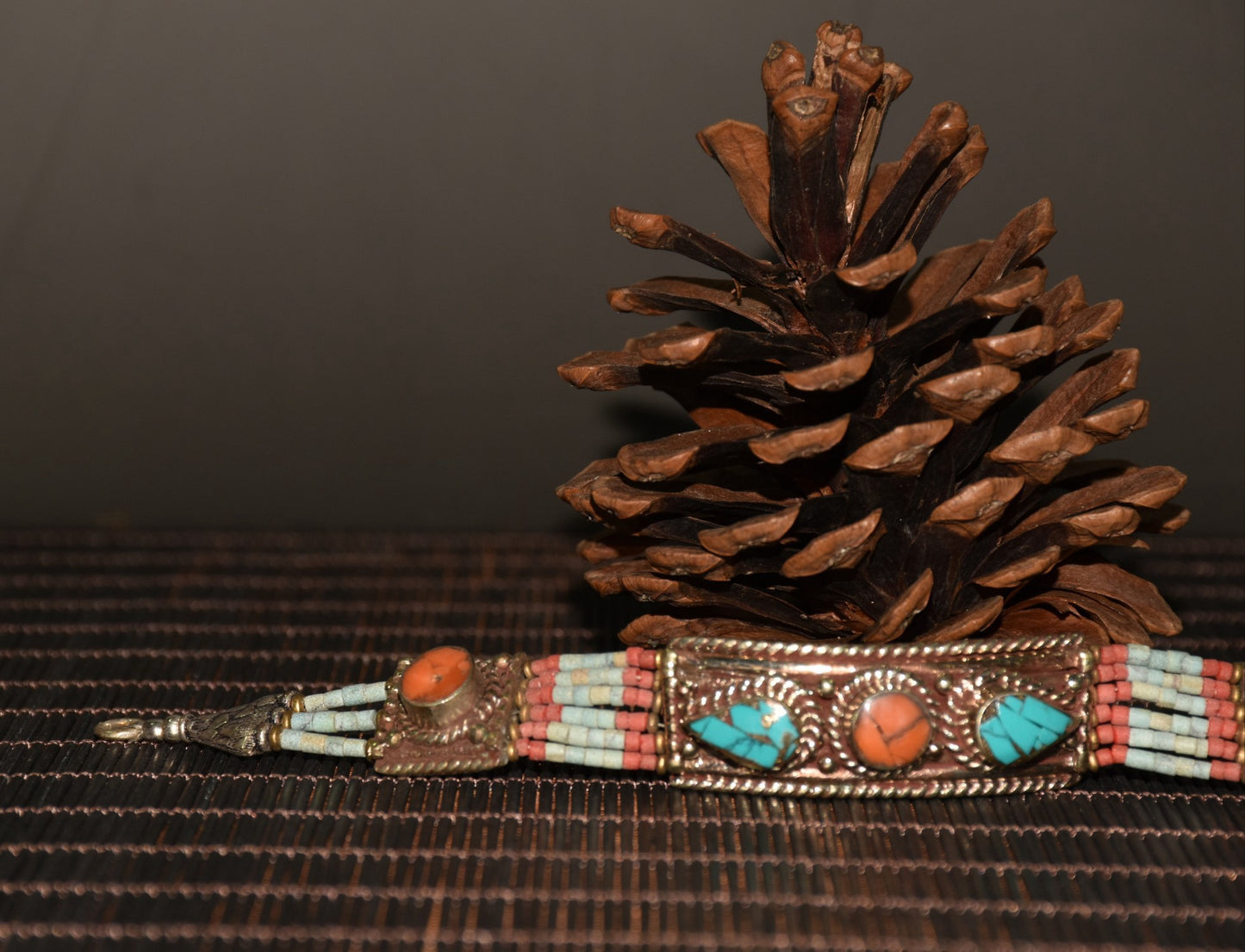 Chinese antique white copper inlaid green pine and ruby bracelets