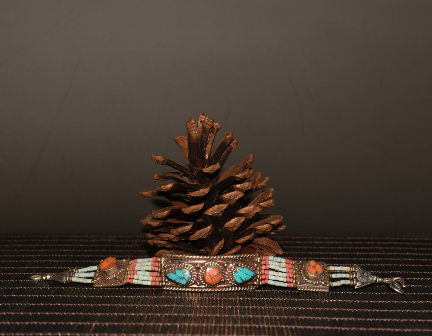 Chinese antique white copper inlaid green pine and ruby bracelets