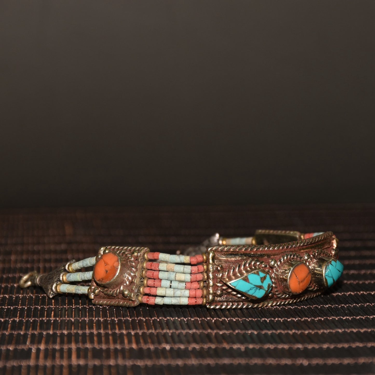 Chinese antique white copper inlaid green pine and ruby bracelets