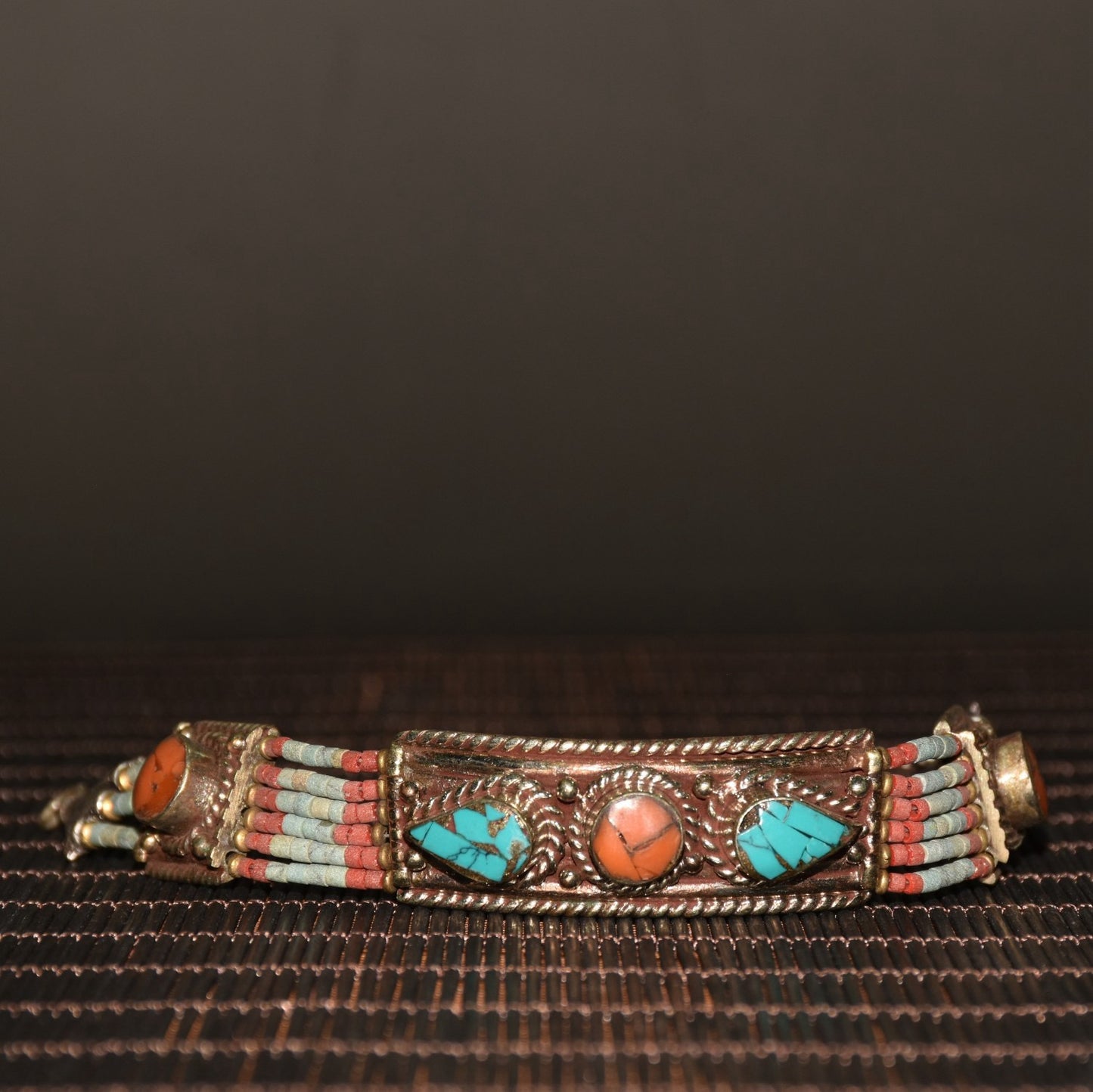 Chinese antique white copper inlaid green pine and ruby bracelets